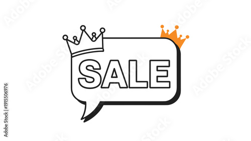 Promotional sale speech bubble featuring black outlines and decorative crowns in silver and gold colors to signify premium shopping offers.