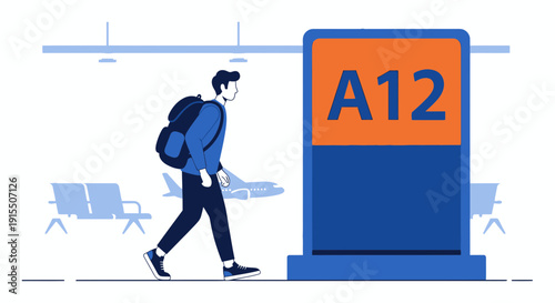 Traveler With Backpack Navigates Airport Terminal Toward Gate A12