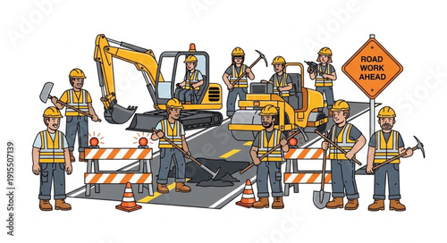 Construction Workers Road Work Site.