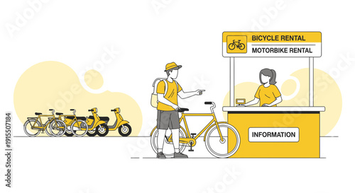 Travelers Renting Bicycles and Motorbikes At A Sunny Information Booth