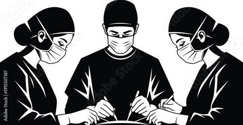 Surgical Team of Doctors Performing Operation Illustration, Professional Medical Staff in Masks and Scrubs for Healthcare Hospital Surgery and Clinic Graphic Design,