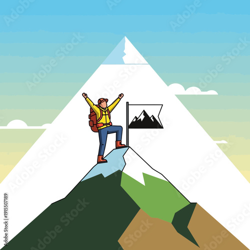 Triumphant Climber Reaches Mountain Summit Celebrating Victory with Raised Arms