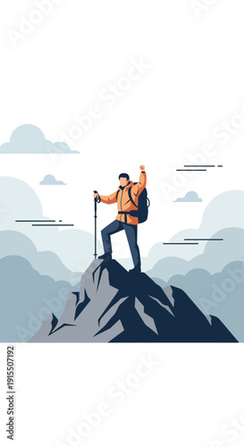 Triumphant Climber Reaches Mountain Summit With Raised Arm Victory Pose