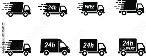 Express Fast Delivery Truck Icon Set for Shipping Logistics and 24h Free Delivery Service