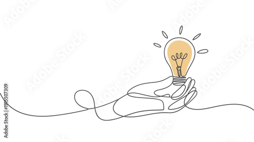 A hand delicately holding a glowing lightbulb in a continuous line drawing