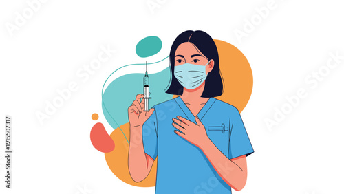 Female healthcare worker in blue scrubs wearing a surgical mask and holding a syringe against a background of colorful abstract organic shapes.