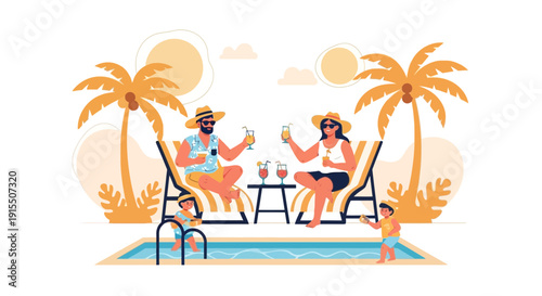 Tropical Family Vacation Relaxation By The Pool With Cocktails