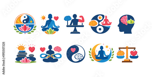 Mindfulness and balance filled icon set. Meditation, wellness, yoga symbols collection
