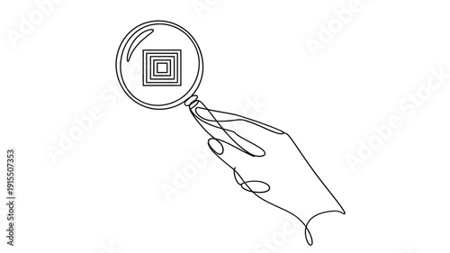A hand holding a magnifying glass over nested squares in a line drawing