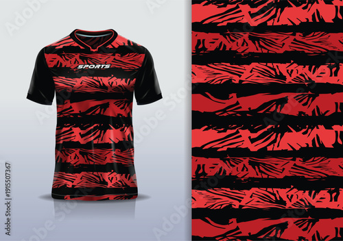 T-shirt mockup abstract texture grunge sport jersey design for football, soccer, racing, esports, running, red black color