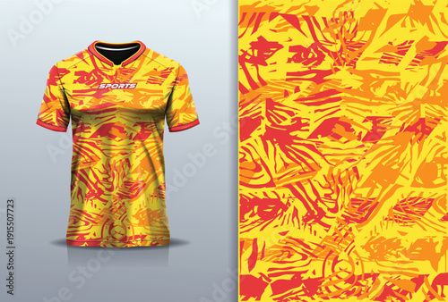 T-shirt mockup abstract texture grunge sport jersey design for football, soccer, racing, esports, running, red yellow orange color