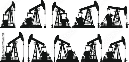 Oil Pumpjack Silhouette Collection Featuring Petroleum Industry Machinery Drilling Rig and Energy Production Vector Illustration Set