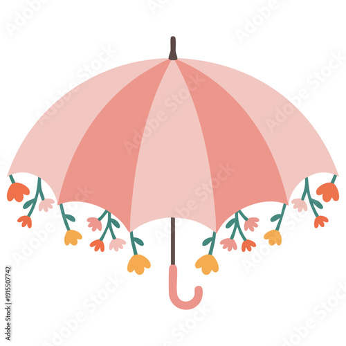 Charming Floral Parasol with Daisies and Blossoms Isolated Vector Illustration on White Background