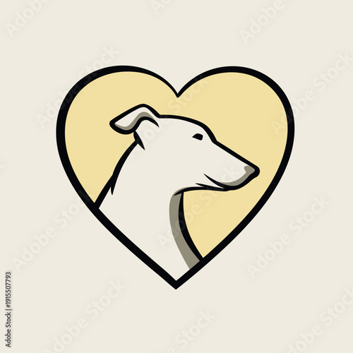 Stylized sighthound dog head illustration within a heart, symbolizing pet love, animal adoption, and loyal companionship.