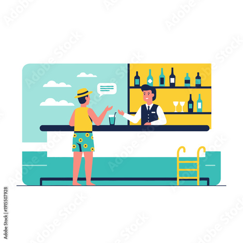 Tropical Resort Bar Service Providing Refreshments To Vacationer By Poolside