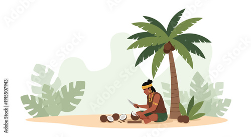 Tropical Scene Of A Person Preparing Coconut Under A Palm Tree