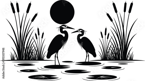 Two Heron Birds Standing in Water at Sunset Silhouette, Marshland Landscape with Reeds and Lily Pads, Nature Wildlife Vector Illustration for Decor