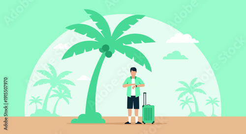 Tropical Vacation Destination Check Time Person With Luggage Waiting For Transport