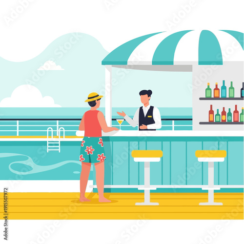 Tropical Vacation Bar Service By The Poolside on A Cruise Ship