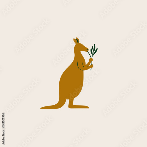 Stylized brown kangaroo illustration holding a green leafy branch. Simple graphic art depicting Australian marsupial wildlife.