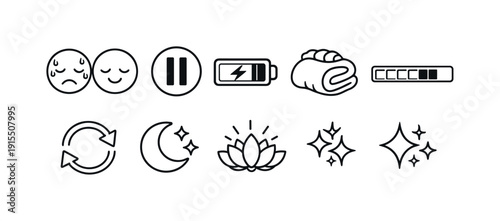 Mood, sleep outline icon set. Emotions, energy, night time, meditation symbols in outline