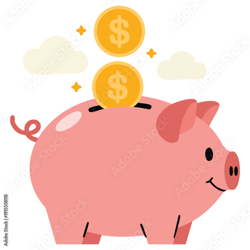 Cartoon Style Piggy Bank on Blue Background for Financial Planning and Banking Isolated Vector Illustration on White Background