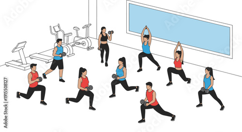 Diverse group of people participating in a fitness class with a trainer.