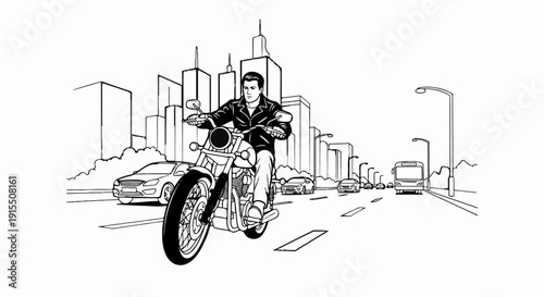 Biker rides motorcycle on city street with cars, bus, and buildings