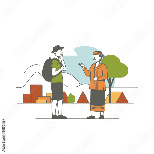 Two People Interacting Outdoors Amidst a Stylized Landscape Illustration