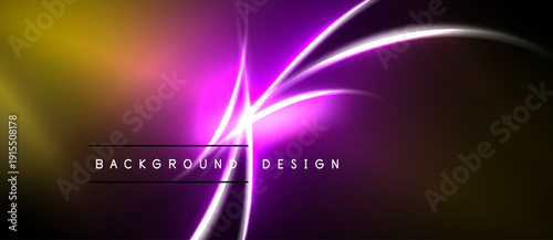 Abstract background features vibrant purple, orange glows. Bright lines intersect creating dynamic visual effect. Text reads background design.