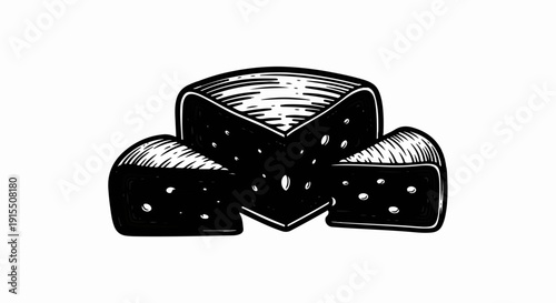 Black and white drawing of three wedges of cheese with holes