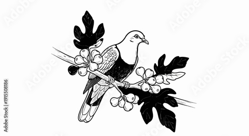 Bird perched on a branch with leaves and berries