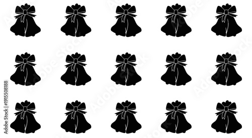 Black gift bags with bows on white background rows of presents wrapped items ribbons decorative objects