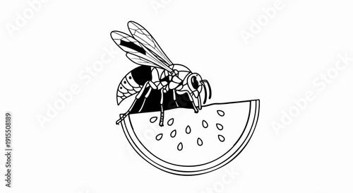Black and white line art of a wasp on a slice of watermelon