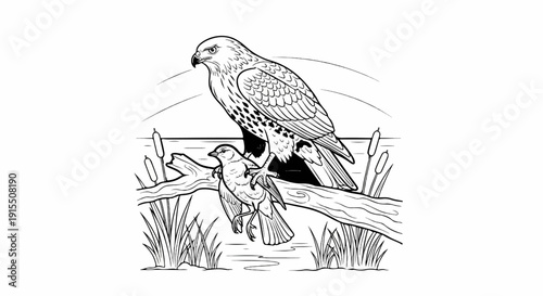 Bird of prey perched on a branch with a smaller bird and reeds