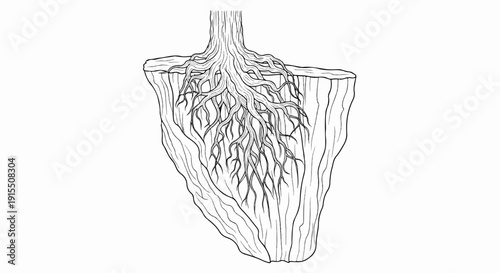 Black and white drawing of tree roots exposed from earth