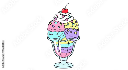 Colorful cartoon ice cream sundae with multiple scoops whipped cream star sprinkles and a cherry on top.
