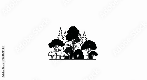 Black and white illustration of a dense forest with varied trees