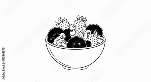 Black and white line art illustration of a bowl overflowing with fresh fruit