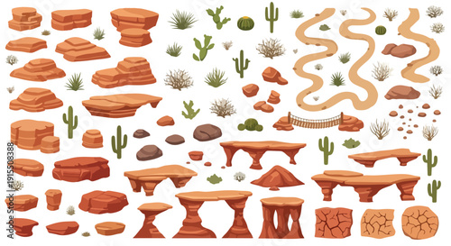 Vector desert landscape elements set with various sandstone rock formations, cacti, and arid shrubs, isolated on transparent background for game design or illustration.