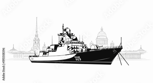 Black and white illustration of a warship docked before a city skyline