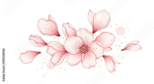Delicate pink watercolor cherry blossoms with fine line art and splatters.