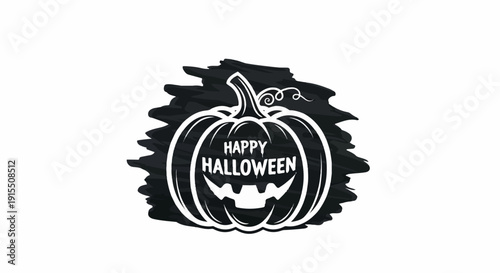 Black and white jack-o'-lantern with "Happy Halloween" on a chalkboard texture