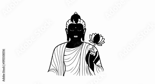 Black and white image of Buddha holding a lotus flower