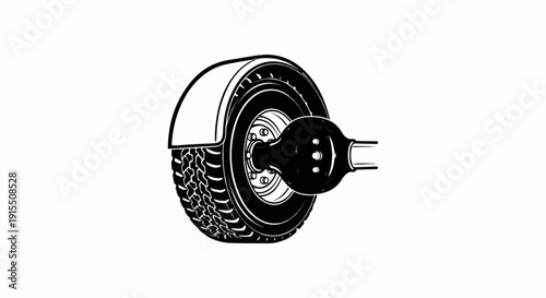Black and white illustration of a vehicle's rear axle and wheel with fender