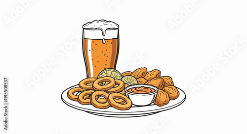 Appetizing plate of fried rings, nuggets, and dipping sauce with beer