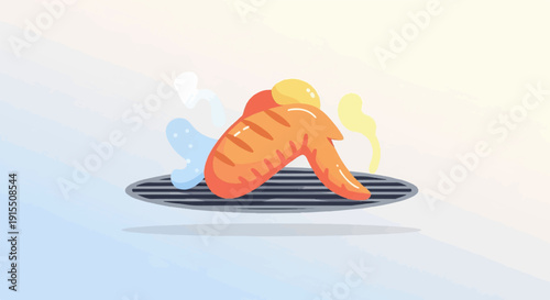 Appetizing grilled chicken wing with colorful steam rising from the grill