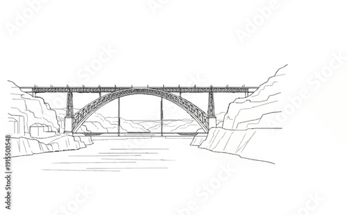 Arch bridge spans a river between rocky cliffs, drawn in monochrome