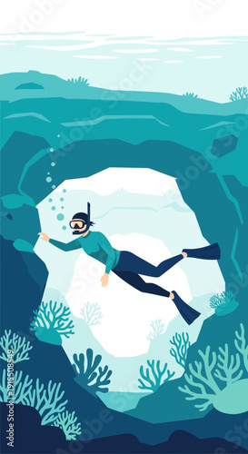 Underwater Cave Exploration With Snorkeler Discovering Aquatic Wonders
