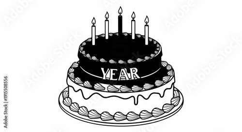 Black and white illustration of a two-tiered celebratory cake with lit candles